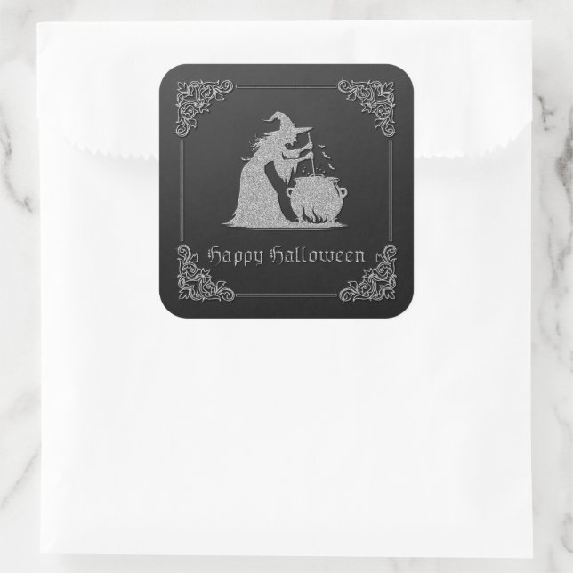 Silver Witch & Cauldron Halloween Square Sticker (Bag)