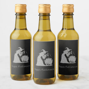 Silver Witch & Cauldron Halloween Wine Label