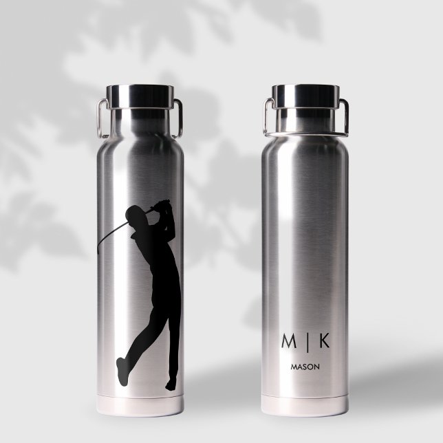 Silver with Black Modern Golfer Monogram Water Bottle (Creator Uploaded)