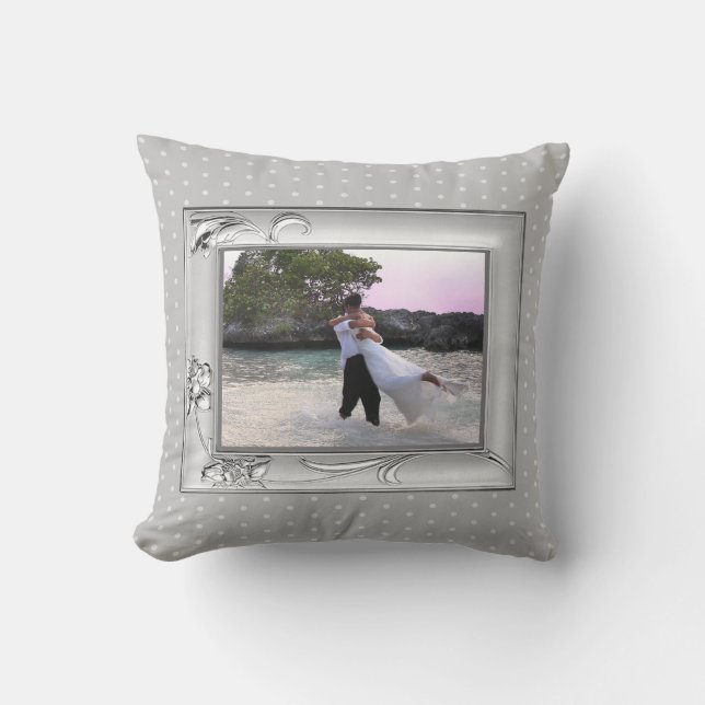 Silver with Flowers Frame Grey Dots Custom Photo Cushion (Front)