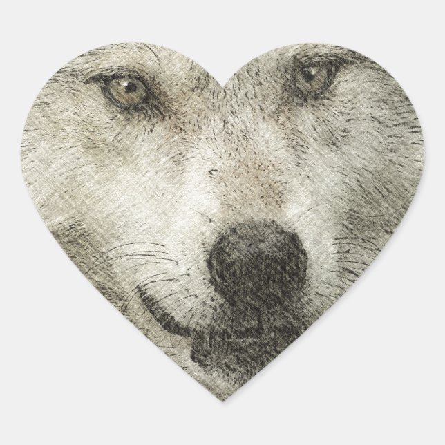 Silver Wolf Pencil Illustration Drawing Heart Sticker (Front)
