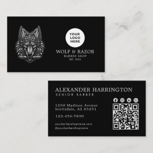 Silver Wolf Professional Barber Shop Logo Qr Code Business Card