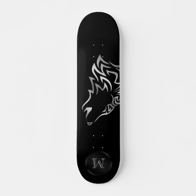 Silver Wolf Tribal Monogram Black Skateboard (Front)
