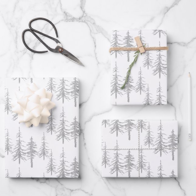 Silver Woodland Scraggly Sparse Spruce Tree Forest Wrapping Paper Sheet (Front)