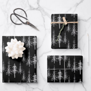 Silver Woodland Scraggly Sparse Spruce Tree Forest Wrapping Paper Sheet