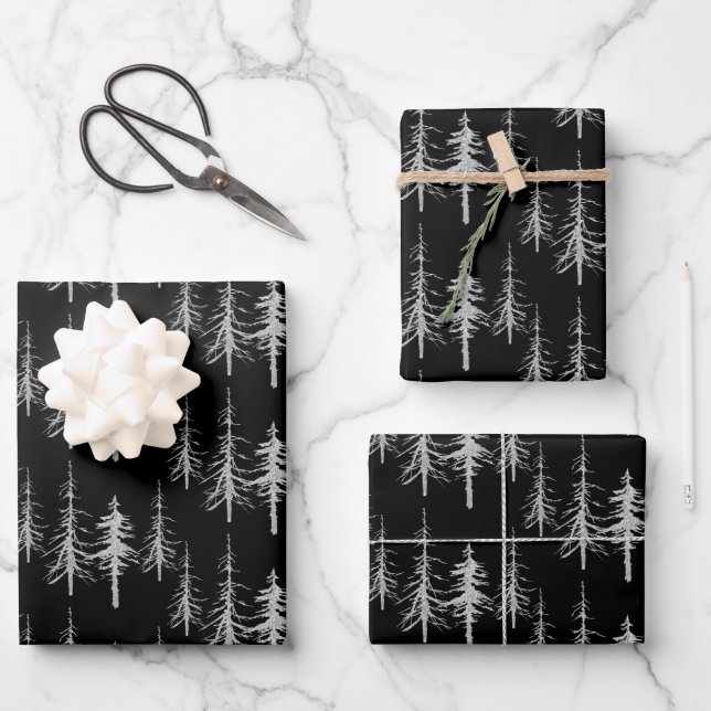 Silver Woodland Scraggly Sparse Spruce Tree Forest Wrapping Paper Sheet (Front)