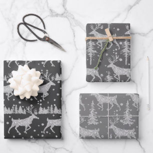 Silver Woodland Stag Spruce Tree Forest Snow Grey Wrapping Paper Sheet