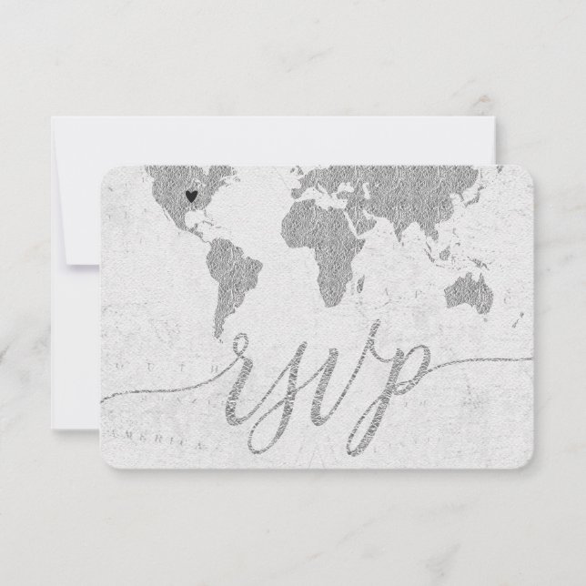 Silver World Map Custom Destination Wedding RSVP Card (Front)