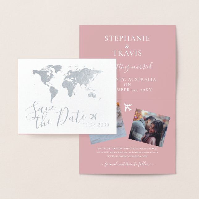 Silver World Map Folded Destination Save the Date Foil Card (Display)