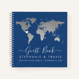 Silver World Map Heart Destination Guest Book