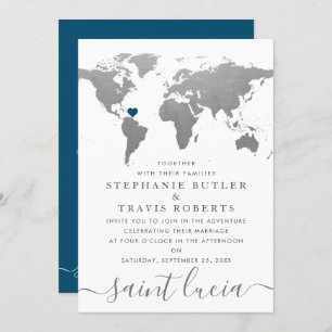 Silver World Travel Map Destination Wedding Invitation