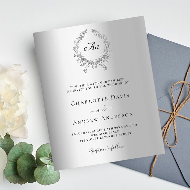 Silver wreath monogram budget wedding invitation (Creator Uploaded)