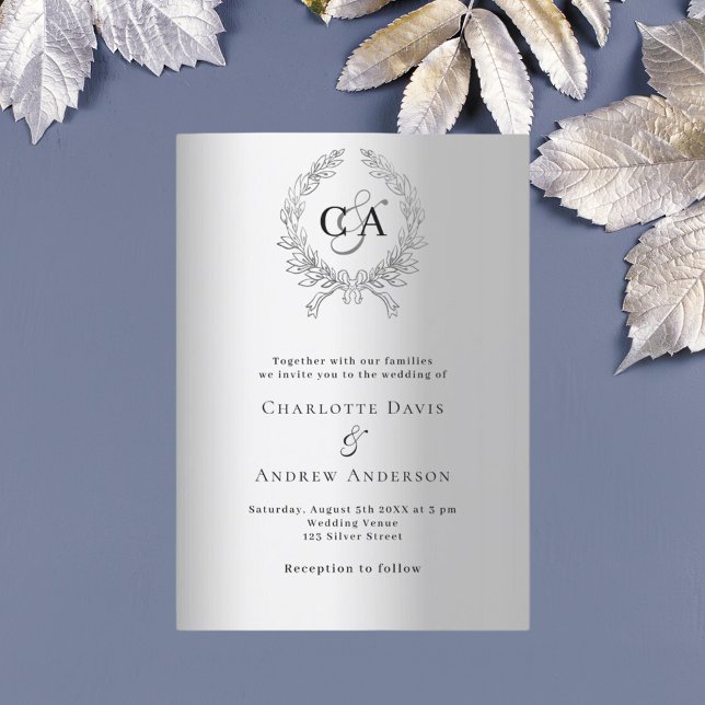 Silver wreath monogram luxury wedding invitation (Creator Uploaded)