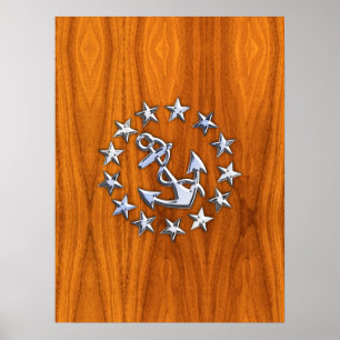 Silver Yacht Flag on Nautical Teak Wood Print