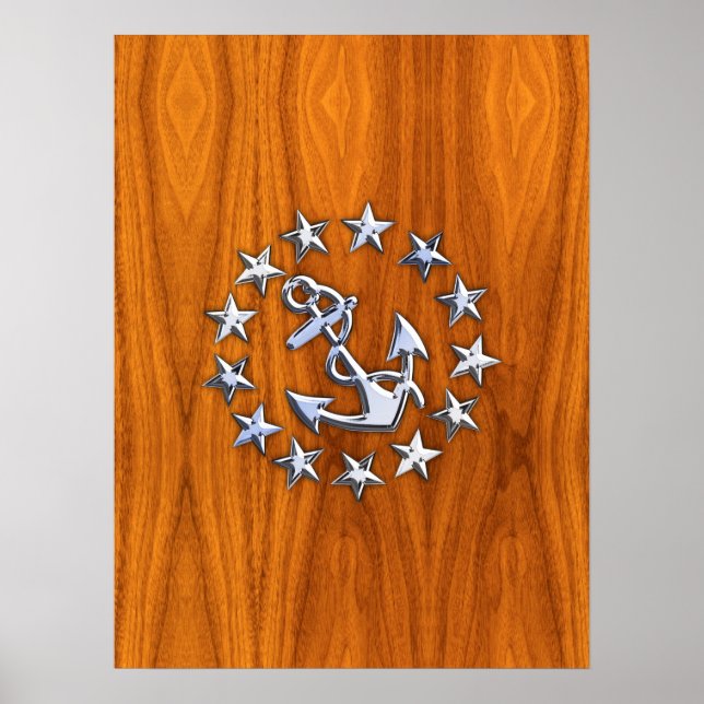 Silver Yacht Flag on Nautical Teak Wood Print (Front)