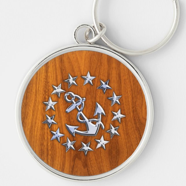 Silver Yacht Flag on Nautical Teak Wood Print Key Ring (Front)
