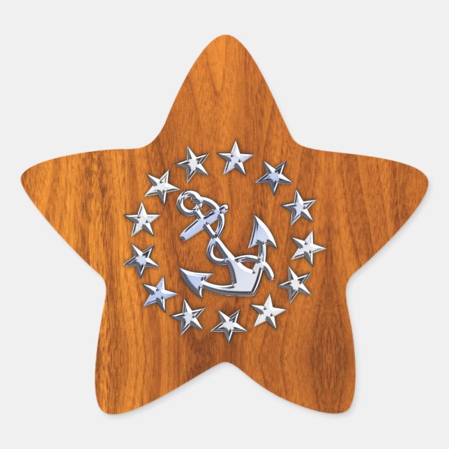 Silver Yacht Flag on Nautical Teak Wood Print Star Sticker (Front)