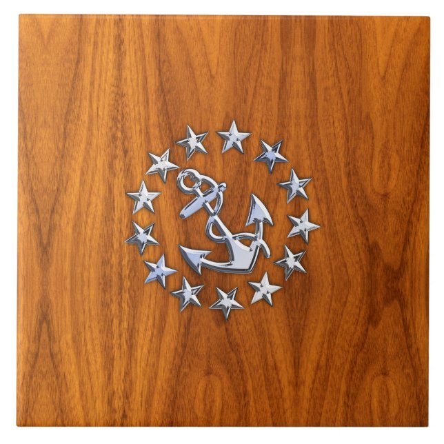 Silver Yacht Flag on Nautical Teak Wood Print Tile (Front)