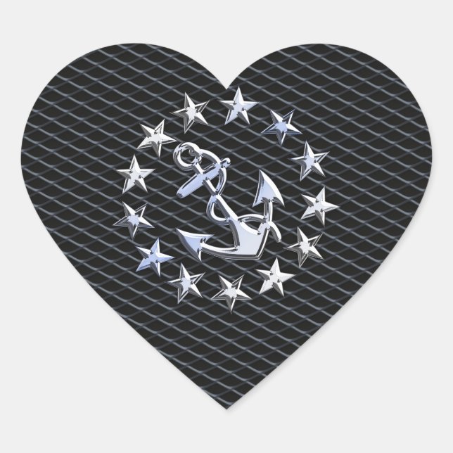 Silver Yacht Naval Flag on Charcoal Grille Heart Sticker (Front)