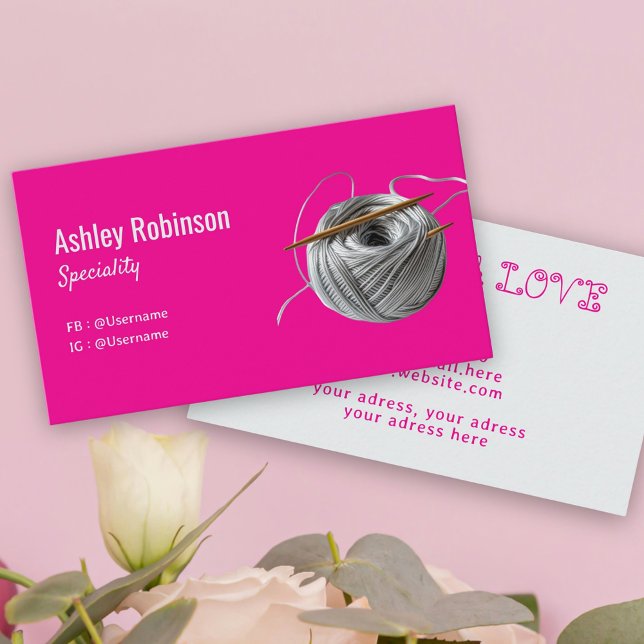 Silver yarn crochet hook handmade with love pink  business card (Silver yarn crochet hook handmade with love pink business card)