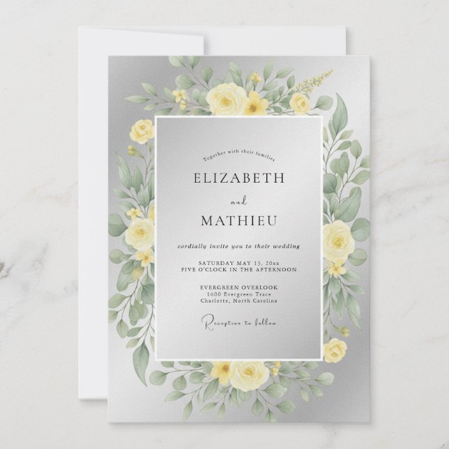 Silver Yellow Ranunculus Eucalyptus Wedding Invitation (Front)