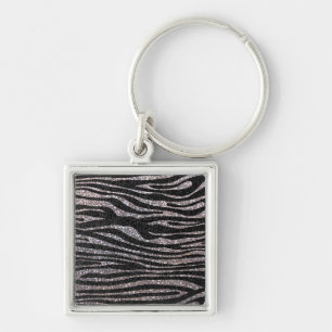 Silver zebra stripe pattern (faux glitter bling) key ring
