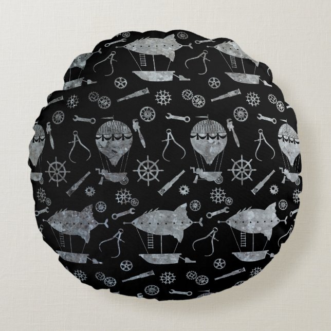 Silver Zinc Steampunk Airships Theme Round Cushion (Front)
