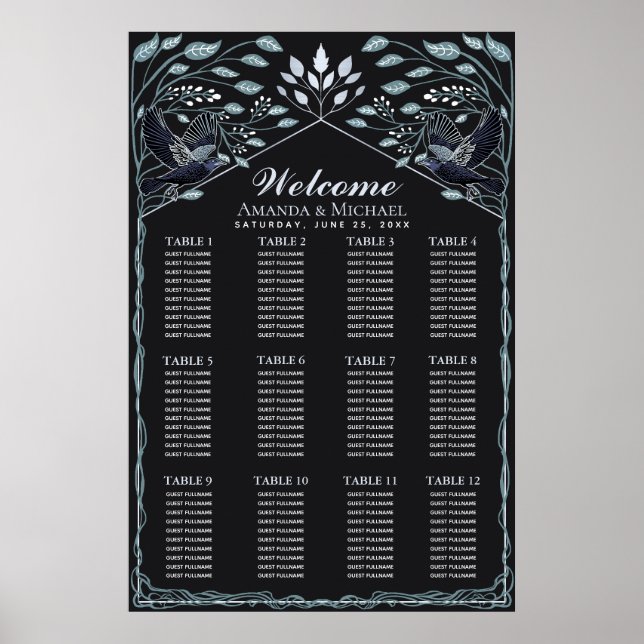 SilverEnchanted Gothic Raven Wedding Seating Chart (Front)
