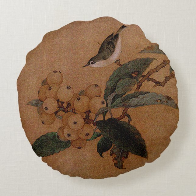 Silvereye bird and loquats round cushion (Back)