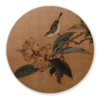 Silvereye bird with loquat fruit chinese art ceramic knob