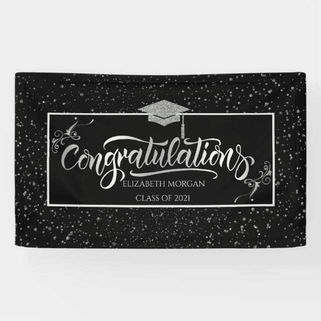 SilverGlitter Graduate Cap, Confetti  Black Banner (Horizontal)