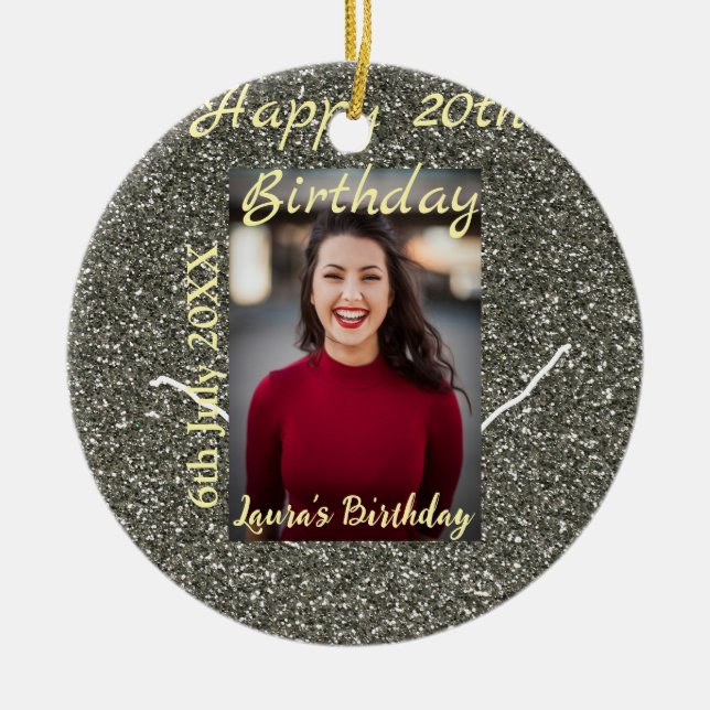 Silverglitter photo 20th birthday add name date ceramic tree decoration (Front)