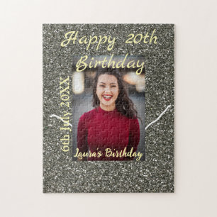 Silverglitter photo 20th birthday add name date jigsaw puzzle