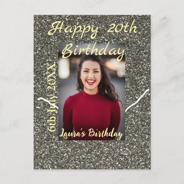 Silverglitter photo 20th birthday add name date postcard (Front)