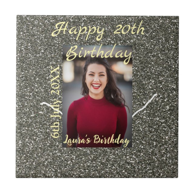 Silverglitter photo 20th birthday add name date tile (Front)
