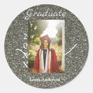 Silverglitter photo graduation add name class text classic round sticker
