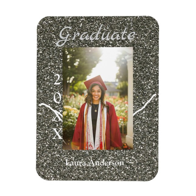 Silverglitter photo graduation add name class text magnet (Vertical)