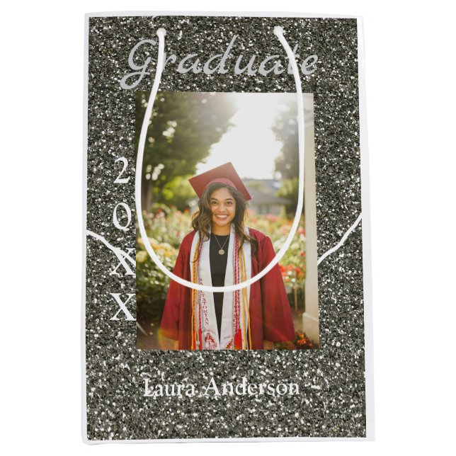 Silverglitter photo graduation add name class text medium gift bag (Front)
