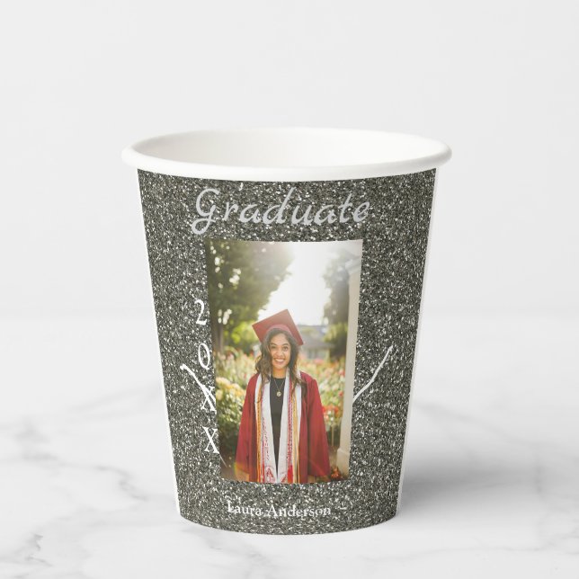 Silverglitter photo graduation add name class text paper cups (Front)