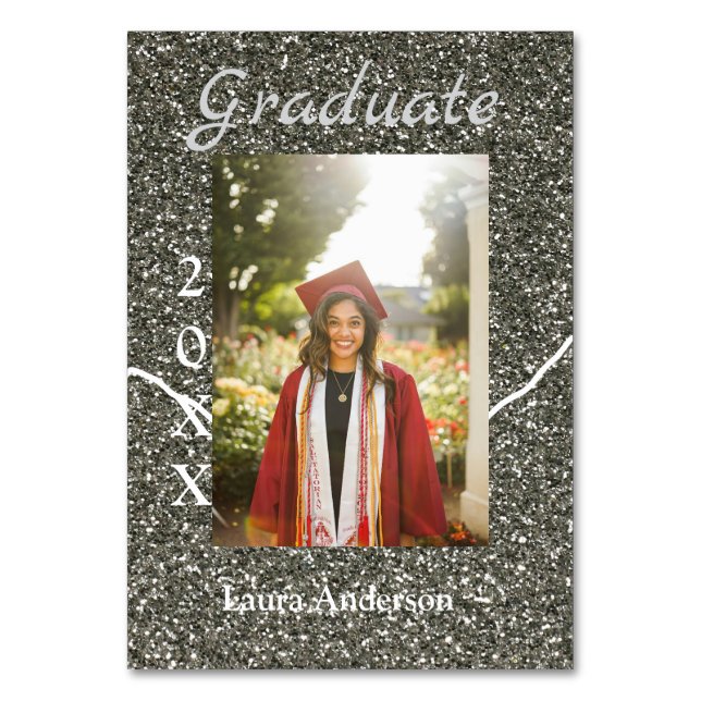 Silverglitter photo graduation add name class text table number (Front)