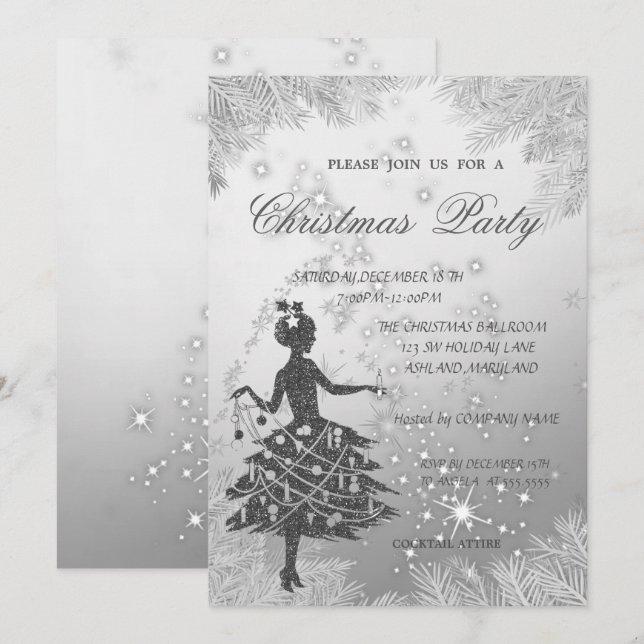 SilverTree Branches,Girl Corporate Christmas Party Invitation (Front/Back)