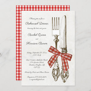 Silverware and Red Chequered Rehearsal Dinner Invitation