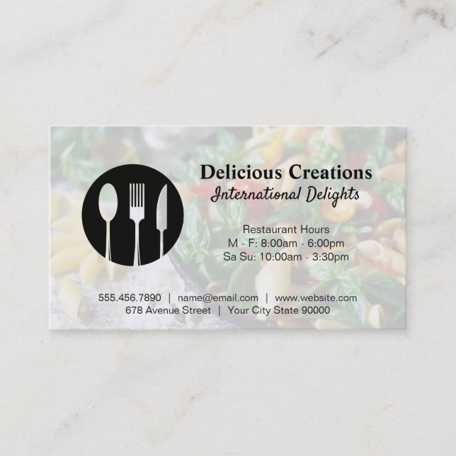 Silverware Logo | Pasta Salad Background Business Card (Front)