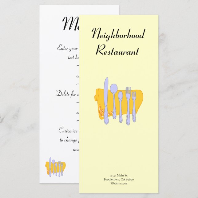 Silverware Napkin Custom Menu 4x9" Menu Template (Front/Back)