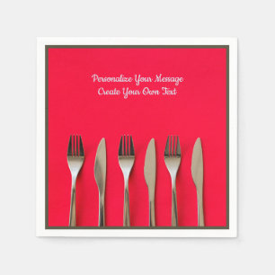 Silverware Utensils Knife Fork on Red Personalise Napkin