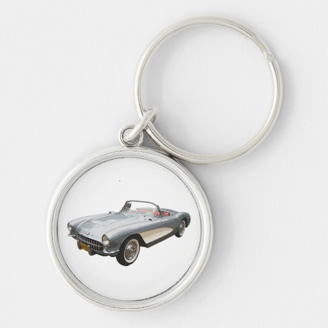 Silvery blue 1959 Corvette on white key chain. Key Ring (Front)
