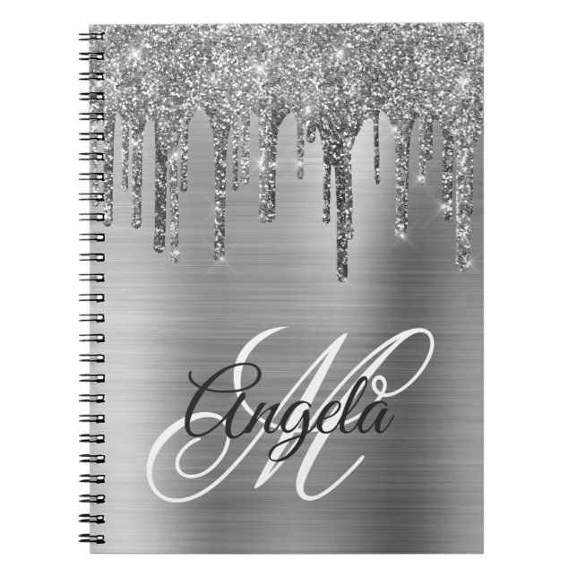 Silvery Brushed Foil Glitter Drip Fancy Monogram Notebook (Front)