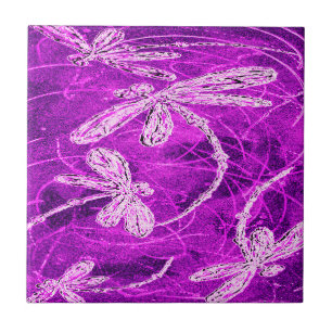Silvery Dragonflies on a Magic Magenta Sky Tile
