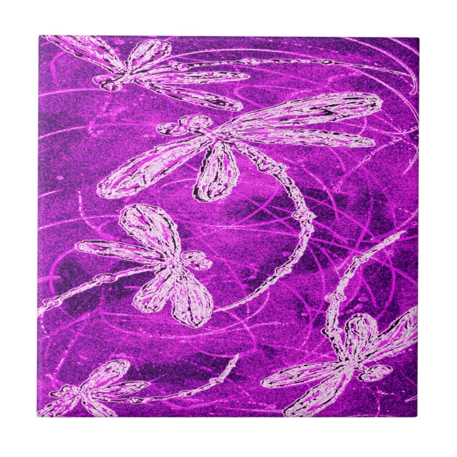 Silvery Dragonflies on a Magic Magenta Sky Tile (Front)