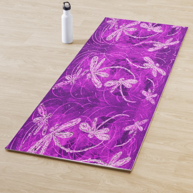 Silvery Dragonflies on a Magic Magenta Sky Yoga Mat (In Situ)
